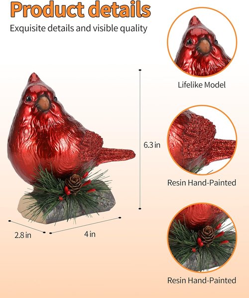 iStatue Red Cardinal Bird Figurines Set of 2 - 6.3'' Realistic Resin Statues for Holiday Home Decor