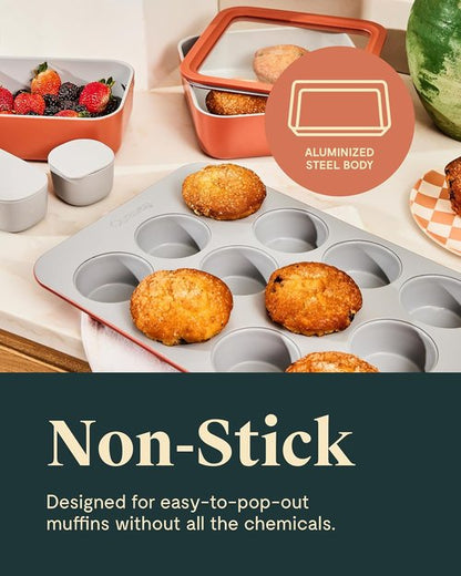 Caraway Non-Stick Ceramic Muffin Pan - 12-Cup Design with Naturally Slick Coating - Non-Toxic & PFOA Free - Ideal for Cupcakes and More - Perracotta