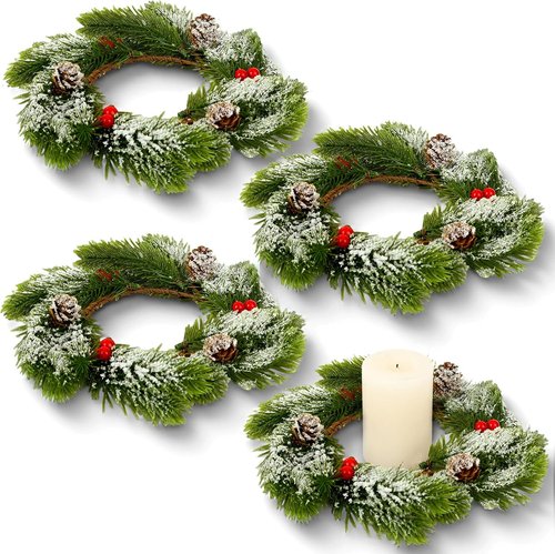 Jansun Christmas Candle Rings - 4 Pcs Red Berries & Pine Needles Mini Wreaths for Table Centerpieces
