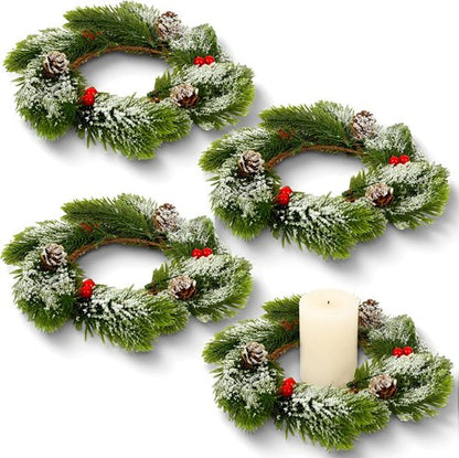 Jansun Christmas Candle Rings - 4 Pcs Red Berries & Pine Needles Mini Wreaths for Table Centerpieces