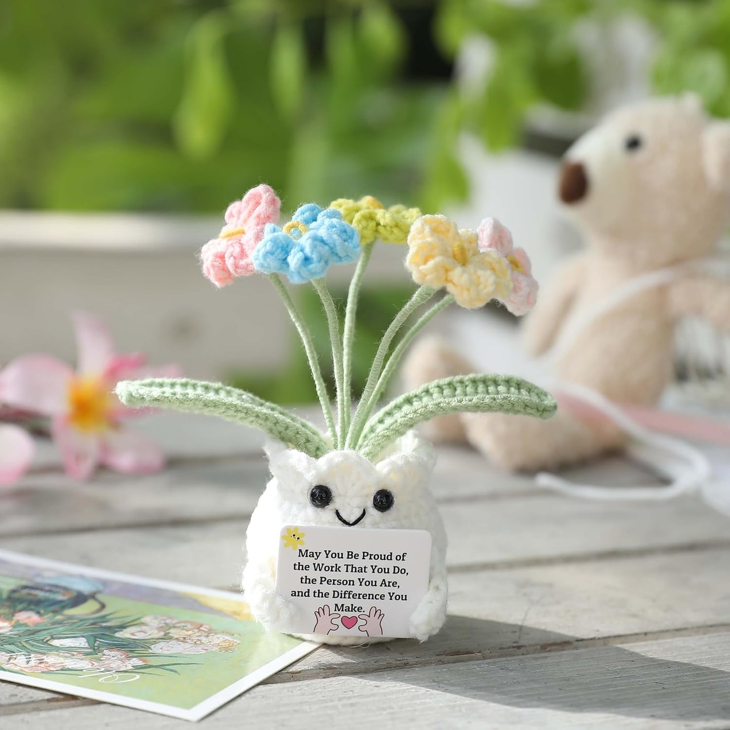 YOOJEE Forget-Me-Not Crochet Flower Potted Plant Gift Handmade Positive Desk Decor with Card - May You Be Proud of The Work That You Do - Appreciation Farewell Retirement Goodbye Gift Coworker Teacher