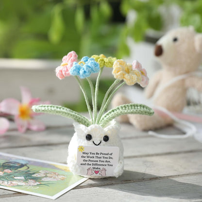 YOOJEE Forget-Me-Not Crochet Flower Potted Plant Gift Handmade Positive Desk Decor with Card - May You Be Proud of The Work That You Do - Appreciation Farewell Retirement Goodbye Gift Coworker Teacher
