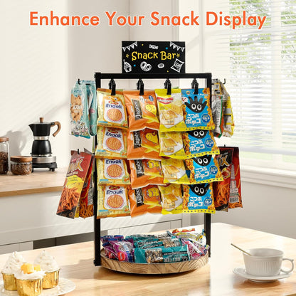 Poyilooo Snack Bar Display Rack - 4-Tier 360° Rotating Clip Organizer for Candy & Snacks | Black