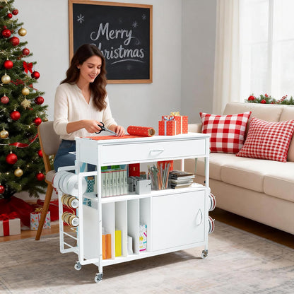 Skiennix Height-Adjustable Gift Wrapping Station - Rolling Cart with Paper Clamp & Storage | White