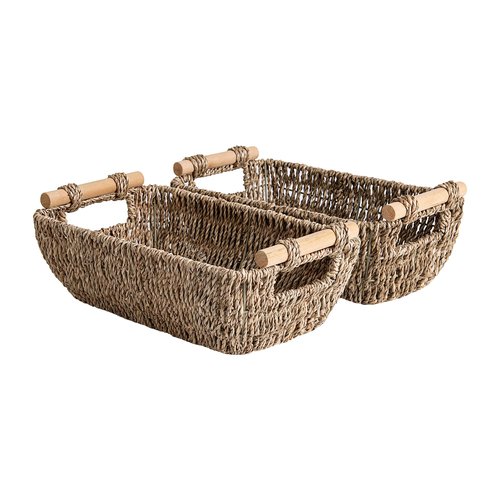 StorageWorks Small Baskets for Shelf, Seagrass Woven Basket with Wooden Handles for Gifts, 2-Pack