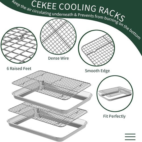 CEKEE Stainless Steel Half Sheet Pans Set - 2 Large Baking Sheets with Racks | Rust & Warp Resistant, 18 Inch