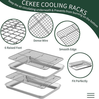 CEKEE Stainless Steel Half Sheet Pans Set - 2 Large Baking Sheets with Racks | Rust & Warp Resistant, 18 Inch
