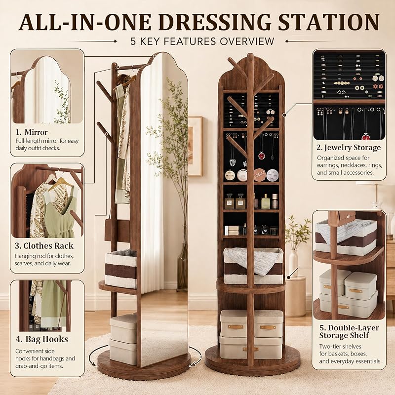 Full Length Mirror with Coat Rack & Storage – 66" L x 18" W Walnut Brown, 360° Rotating Solid Wood