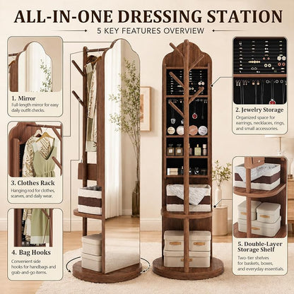 Full Length Mirror with Coat Rack & Storage – 66" L x 18" W Walnut Brown, 360° Rotating Solid Wood