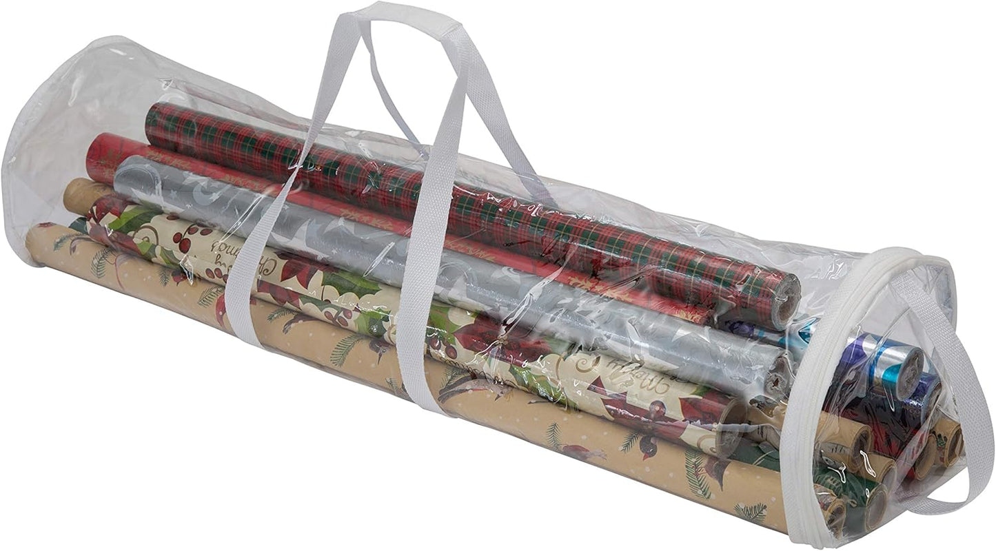 Simplify Clear Gift Wrap Storage Bag - Holds 30" Long Wrapping Paper Rolls | Zipper Closure | Easy Carry Hangers | Red