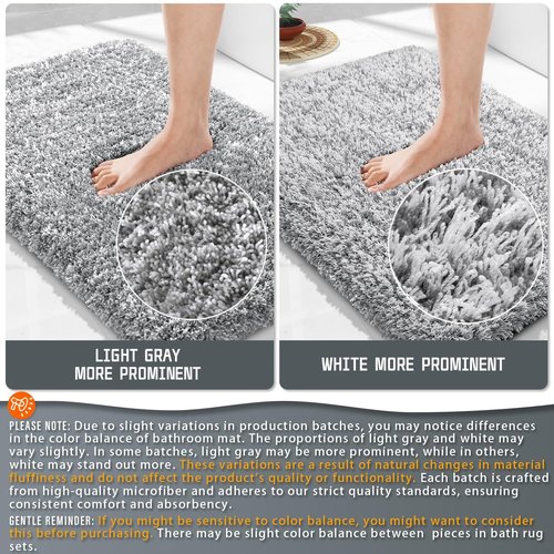 Yimobra Bathroom Rugs Non Slip Washable, Ultra Soft and Water Absorbent Bath Mats, Plush Fluffy Shower Mat Outside, Microfiber Thick Matts for Bathroom Floor/Sink, 24x17, Light Gray and White
