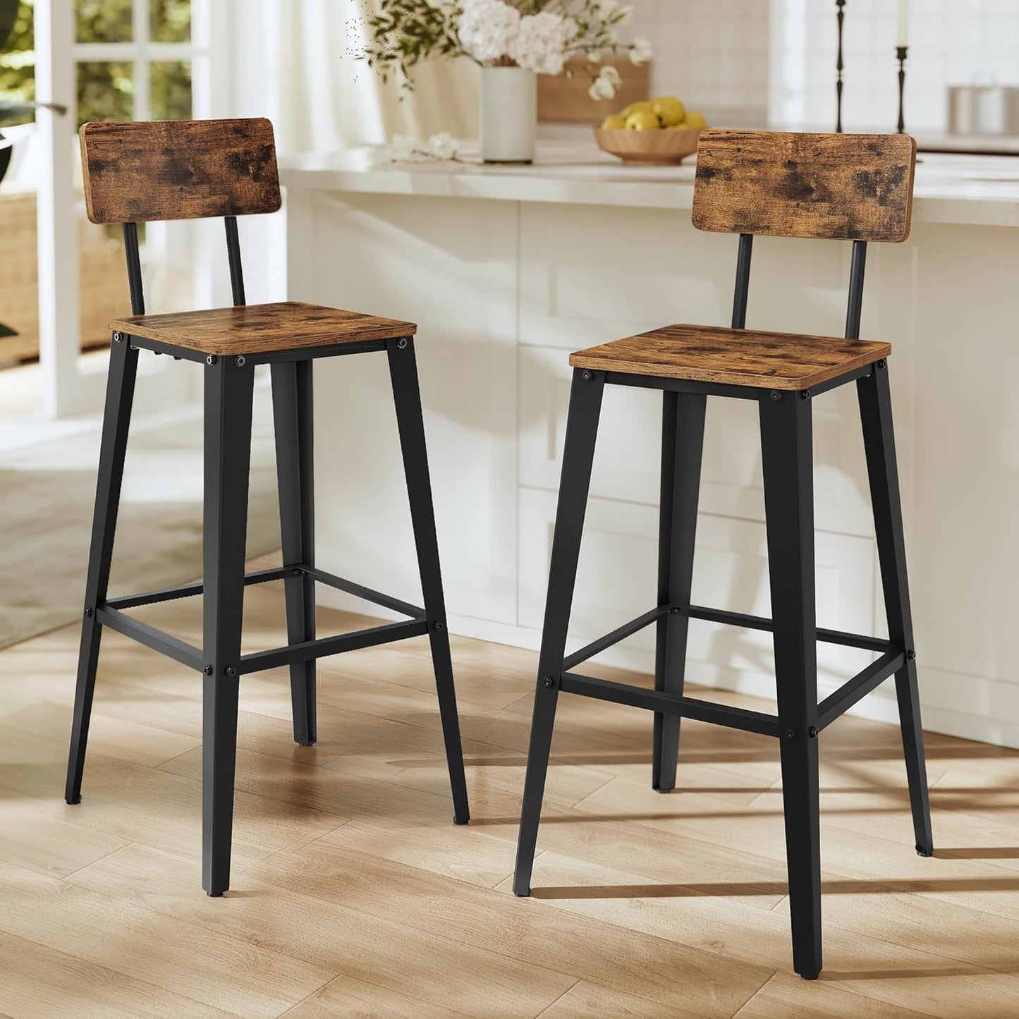 VASAGLE Bar Stools Set of 2 - 29.1-Inch Tall Industrial Style Chairs with Back - Rustic Brown & Ink Black
