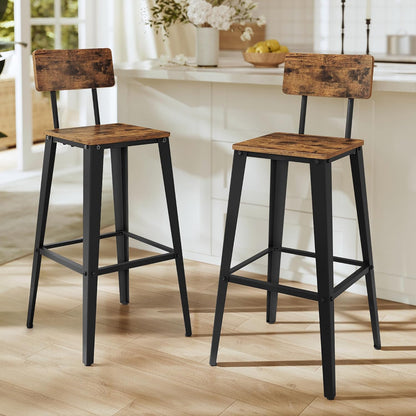 VASAGLE Bar Stools Set of 2 - 29.1-Inch Tall Industrial Style Chairs with Back - Rustic Brown & Ink Black