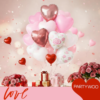 PartyWoo Pink Balloons - 127 Pcs in Various Sizes with Heart Foil for Valentine's Day & Weddings