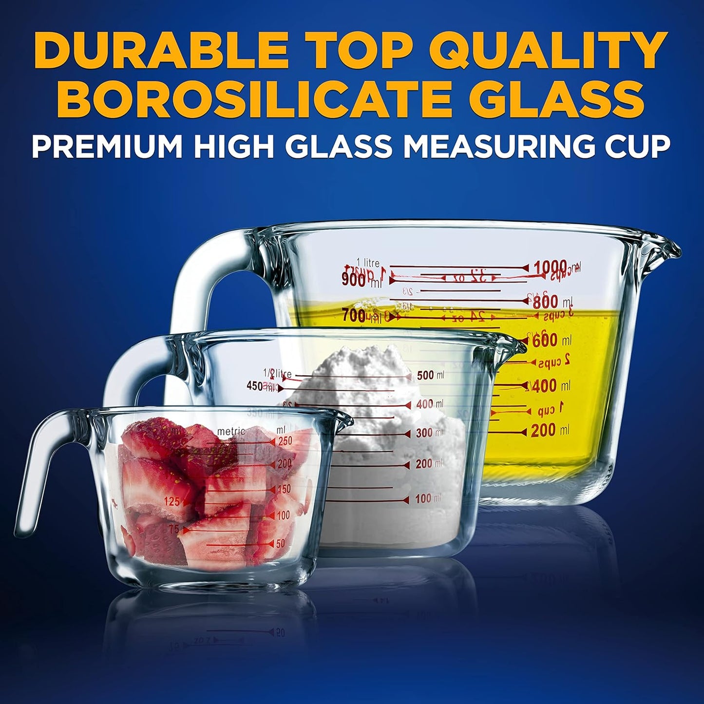 NutriChef Measuring Cups Set - BPA-Free Borosilicate Glass with Handle | Precise Measurement in 250ml, 500ml & 1000ml