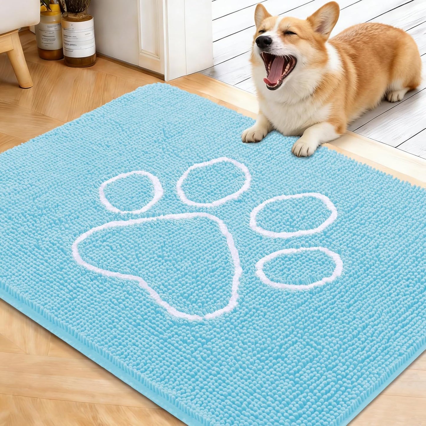 OLANLY Dog Door Mat - Absorbent Non-Slip Mud Mat for Muddy Paws | 40x32 Paw Print Design in Blue