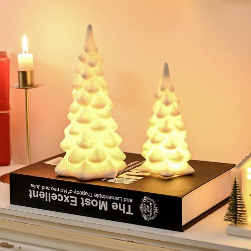 AOMOONOA White Ceramic Christmas Trees - 2Pcs Light Up Porcelain Xmas Tree Figurines for Modern Home Decor