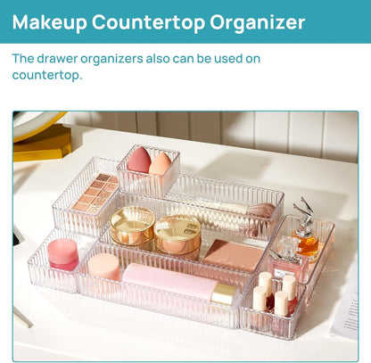 Vtopmart 7-Piece Clear Drawer Organizer Set - Stackable Acrylic Trays for Makeup, Office Supplies & Kitchen Utensils