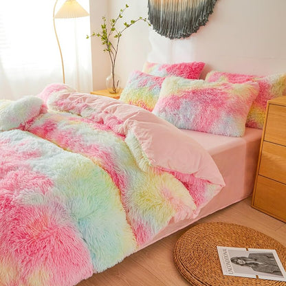 Besfunny Rainbow Faux Fur Twin Comforter Cover Set - 2-Piece Plush Bedding (66x90) Rainbow Twin Variation