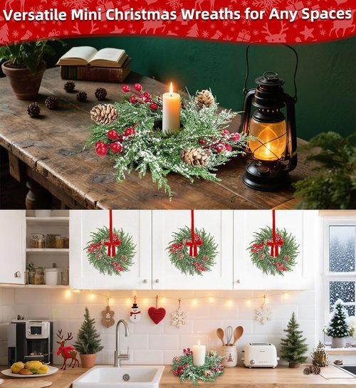 Flocked Mini Christmas Wreath Candle Rings by [Brand Name] - 6 Pack, 9"x3.5" Snowy Cypress with Red Berries & Pinecones for Holiday Table Decor