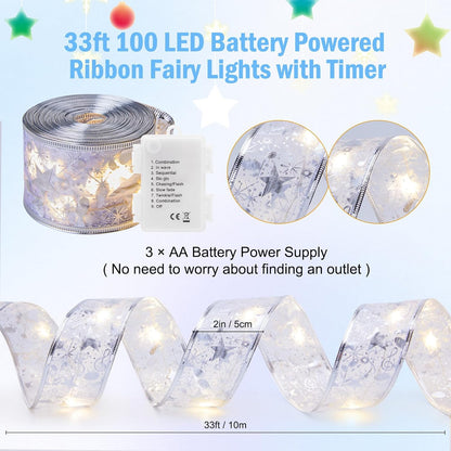 Minetom 33ft Christmas Tree Ribbon String Lights - 100 LED Battery Powered Fairy Lights with Timer