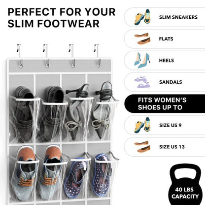Simple Houseware 24 Pockets - Crystal Clear Over The Door Hanging Shoe Organizer, Gray (64'' x 19'')