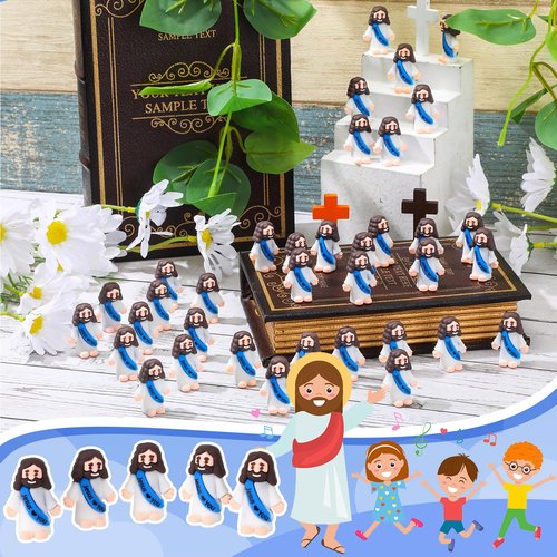 Bememo 50 Pcs Mini Jesus Figures Jesus Loves You Christ Toys Little Christ Figures to Hide and Seek Sunday School Religious Party Favors Gift(Blue)