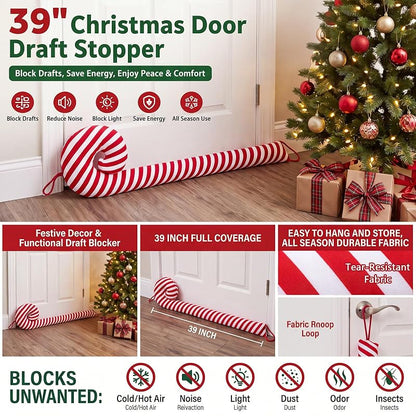 Weighted Christmas Door Draft Stopper 39 Inch - Candy Cane Design for Bottom of Door