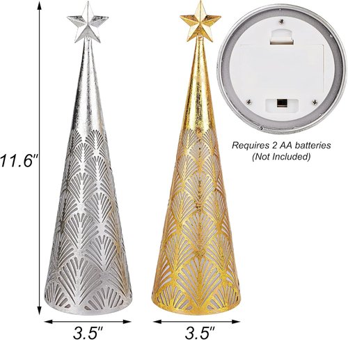 Juegoal Lighted Christmas Table Decorations - Battery Operated Cone Candle Lanterns | Set of 2 (Gold & Silver)