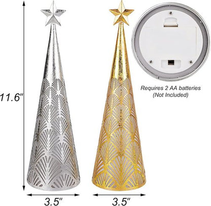 Juegoal Lighted Christmas Table Decorations - Battery Operated Cone Candle Lanterns | Set of 2 (Gold & Silver)