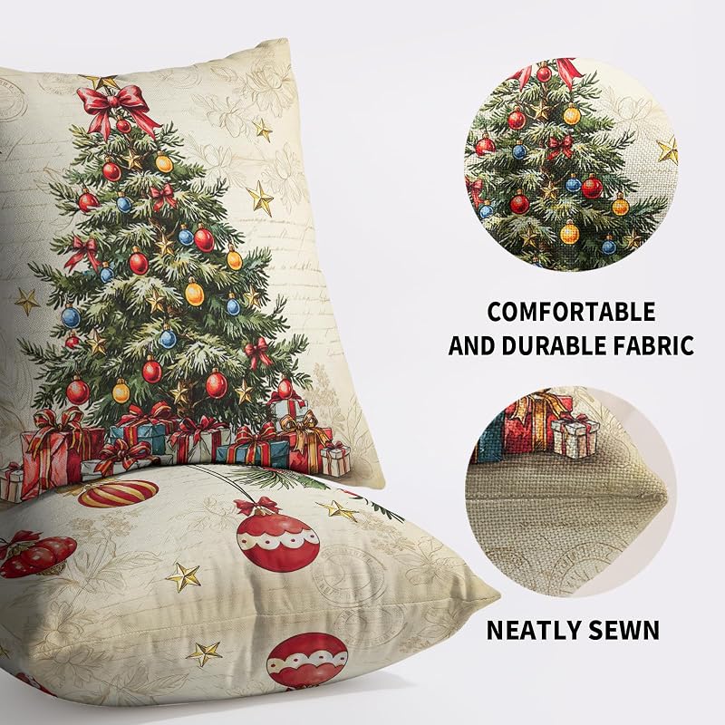 Vintage Christmas Tree Pillow Covers 18x18 Inches - Set of 2, Red & Green