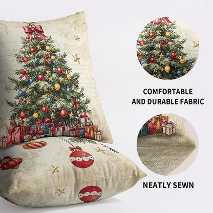 Vintage Christmas Tree Pillow Covers 18x18 Inches - Set of 2, Red & Green