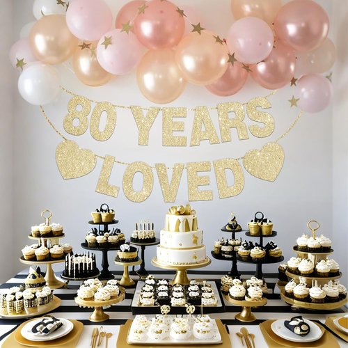 80 Years Loved Banner - Gold Glitter 80th Birthday Decorations for Men & Women | Pre-Strung Party Decor