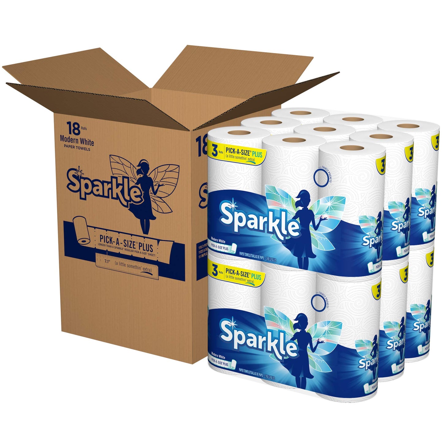 Sparkle Pick-A-Size Plus Paper Towels, 3 Rolls = 6 Regular Rolls, (6 packs With 3 Rolls Each), Everyday Value Paper Towel With Full And Half Sheets