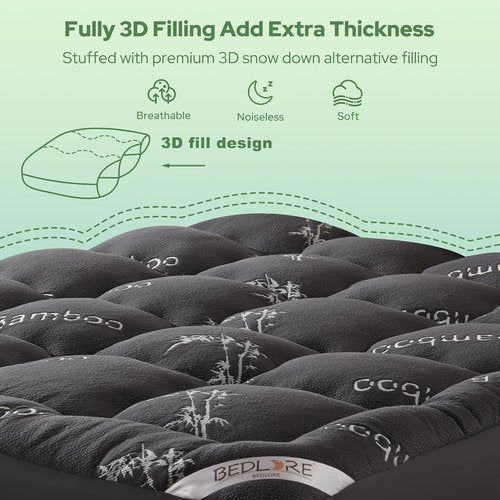 BEDLORE Queen Mattress Topper - Soft Viscose Bamboo Pillow Top for Back Pain Relief | Fits 6-18 Inch Mattresses - Dark Gray