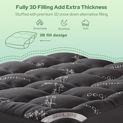 BEDLORE Twin XL Mattress Topper - Soft Viscose Bamboo Pillow Top for Deep Pocket Mattresses | Dark Gray
