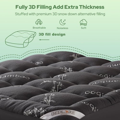 BEDLORE RV Queen Mattress Topper Viscose Derived from Bamboo,Pillow Top Mattress Pad with Stretchable Pockets for 6"-15" Mattress, Soft Breathable Mattress Topper for Back Pain Relief(Dark Gray)