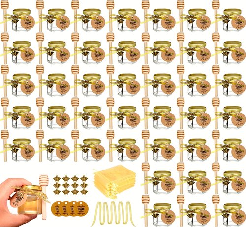 Ahhute Honey Pot, Mini Honey Jars with Dipper, Glass Honey Jars Baby Shower Favors, Party Favors & Wedding Favors, Lid, Bee Pendants, Gold Fabric Ribbons and Gold Organza Bags, 40 Pack 1.5oz
