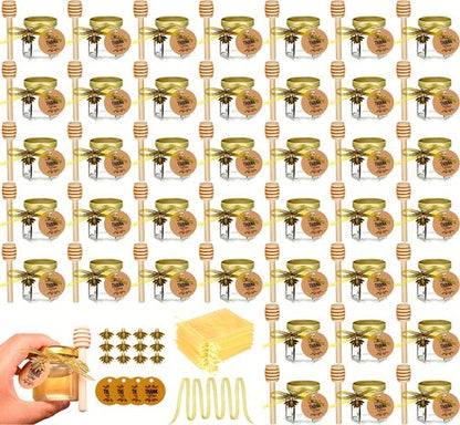 Ahhute Honey Pot, Mini Honey Jars with Dipper, Glass Honey Jars Baby Shower Favors, Party Favors & Wedding Favors, Lid, Bee Pendants, Gold Fabric Ribbons and Gold Organza Bags, 40 Pack 1.5oz