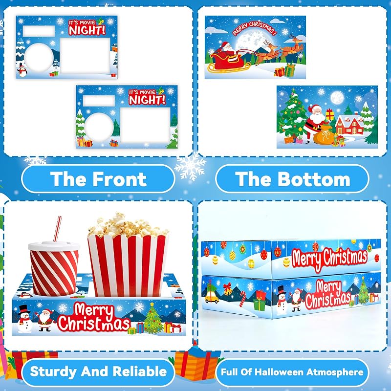 Christmas Movie Night Snack Tray Set – 32pc Paper Popcorn & Drink Holders for Party, Snowman & Santa Snow-themed
