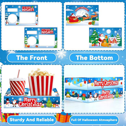 Christmas Movie Night Snack Tray Set – 32pc Paper Popcorn & Drink Holders for Party, Snowman & Santa Snow-themed