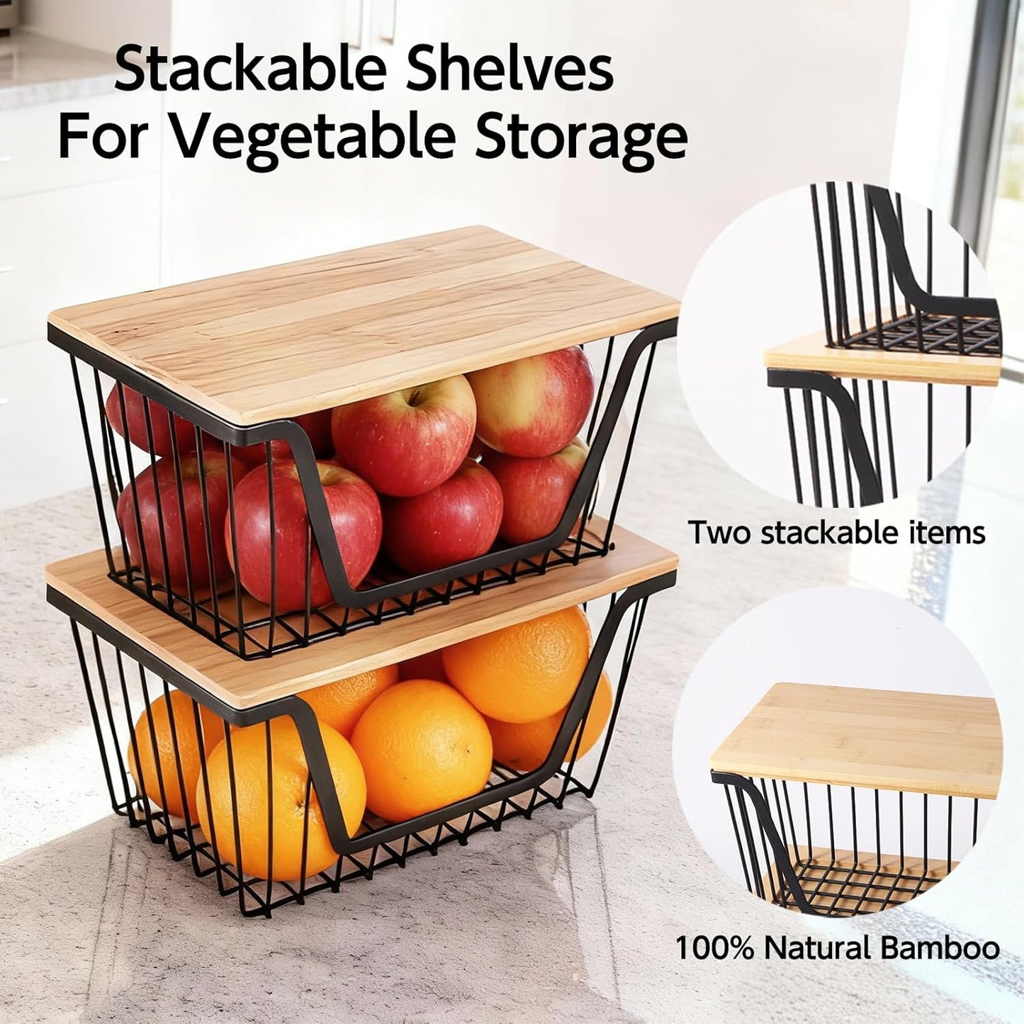 Skiennix Onion & Potato Storage Bins - Stackable Wire Organizers for Pantry | Large Capacity Baskets