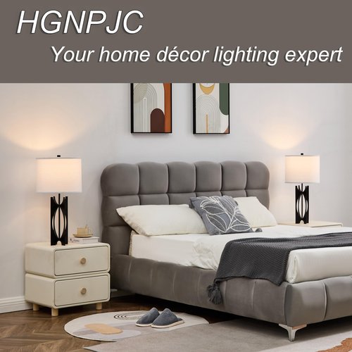 HGNPJC Industrial Table Lamps Set of 2 Black 26” 3-Way Bedside Lamp with White Linen Shade Metal Nightstand Lamp for Living Room Bedroom Dining Room End Table(JC-5-2PK-BK)