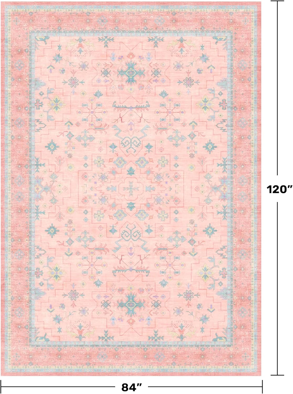 Oushak Rugs - Washable Pink & Blue 7x10 Modern Floral Design | Soft, Non-Slip, Stain-Resistant Carpet for Bedrooms & Living Rooms