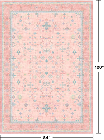 Oushak Rugs - Washable Pink & Blue 7x10 Modern Floral Design | Soft, Non-Slip, Stain-Resistant Carpet for Bedrooms & Living Rooms
