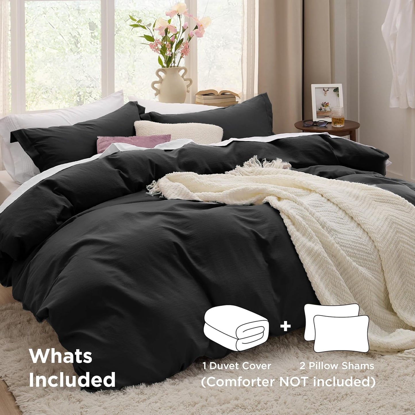 Bedsure Black Duvet Cover Set - Extra Soft Cotton-Like Polyester, Full Size 80x90 Inches, 3 Pieces with Zipper Closure & 2 Pillow Shams