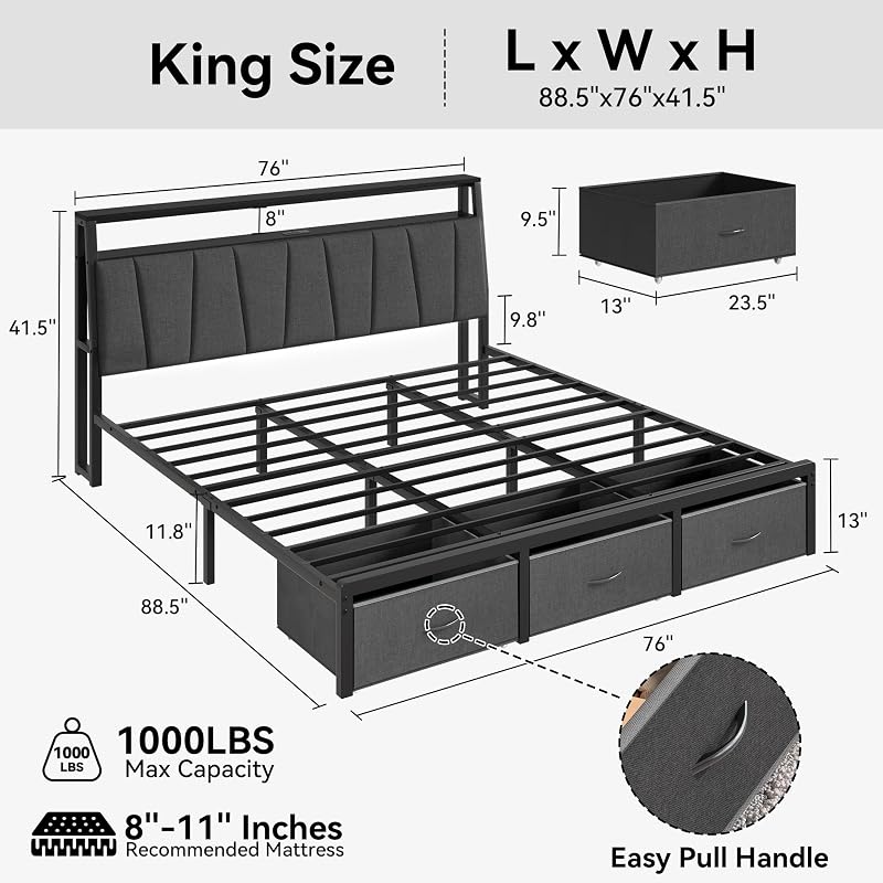 FreeHouse King Size Bed Frame with Storage Drawers, Grey Engineered Wood