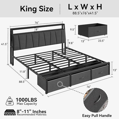 FreeHouse King Size Bed Frame with Storage Drawers, Grey Engineered Wood