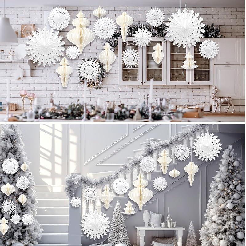 Snowflake and Honeycomb Christmas Decor Kit – 28 Pcs White Winter Wonderland