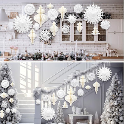 Snowflake and Honeycomb Christmas Decor Kit – 28 Pcs White Winter Wonderland